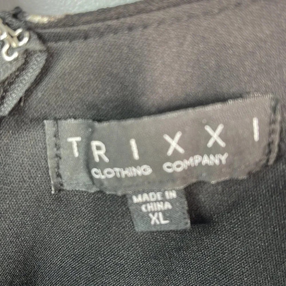TRIXXI Metallic Mini Dress Black Floral Print Split V-neck Ruched Size XL - Picture 9 of 13